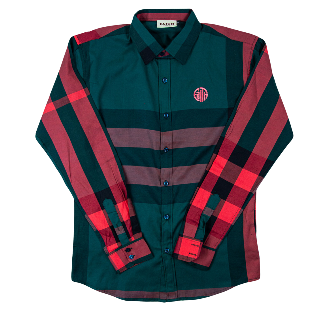 Circle Faith Green/Red Long Sleeve Button Down